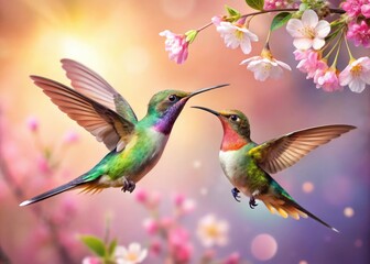 Colorful Hummingbirds in Flight on a Floral Pink Background - Vibrant Nature Photography