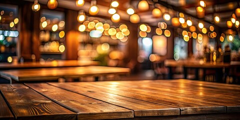 Empty Wooden Table with Blurred Stage Bar Background and Bokeh Lights for Cozy Atmosphere