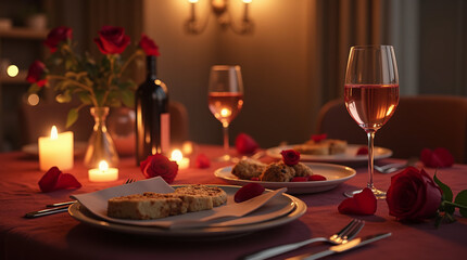 Elegant festive dining table with candles, wine and red roses