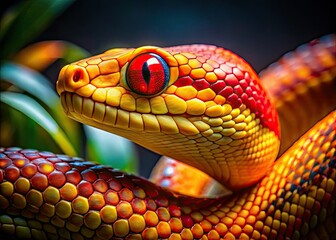 Fototapeta premium Colorful Snake in Low Light - Relaxed Pose with Bright Yellow Head and Red Eyes