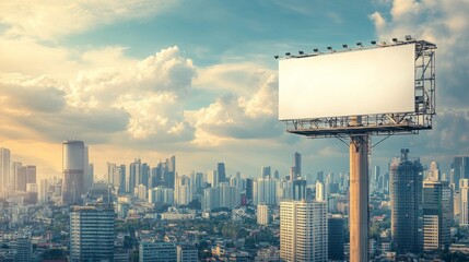 Blank white billboard positioned on a tall pole in a cityscape, ready for advertising design templates against a cloudy sky background.