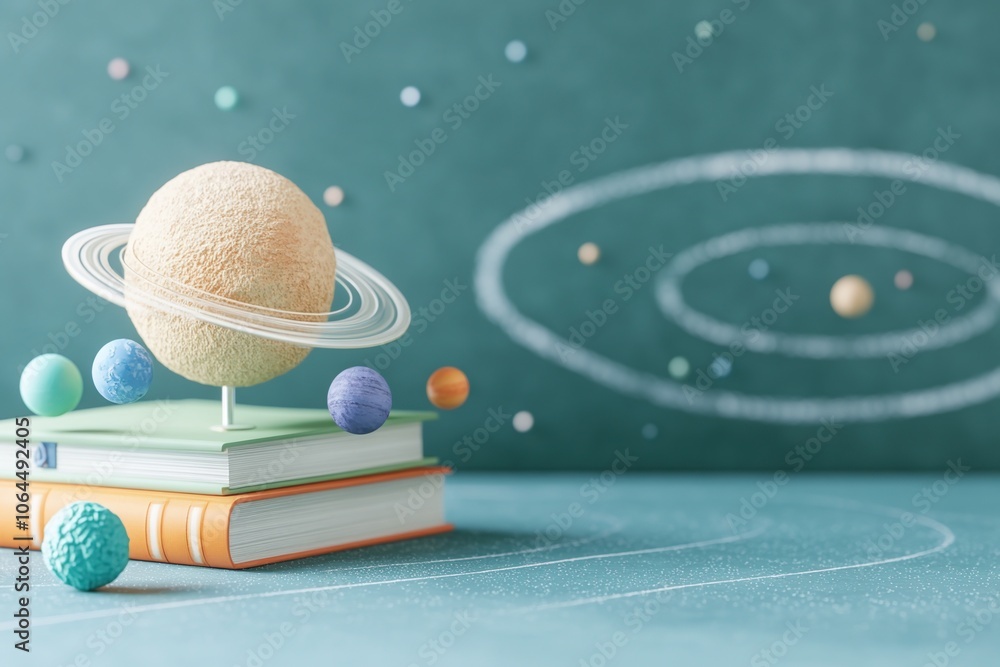 Poster cosmic classroom: a whimsical planetary model rests atop a stack of books against a chalkboard backd