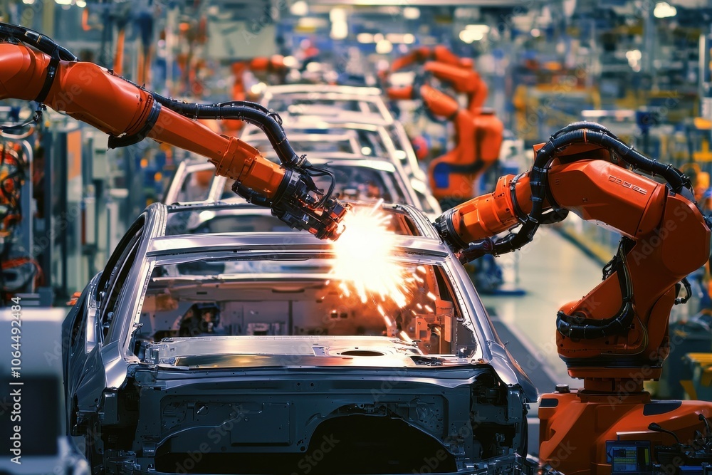 Poster Inside an advanced automobile assembly line, a series of partially constructed cars is in view