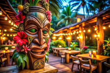 Enchanting bokeh highlights a wooden tiki mask beside a rustic bar signboard, embodying the essence of tropical paradise, ideal for beach bars and island spirit.