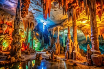 Fototapeta premium Enchanting Cave Interior with Stalactites and Stalagmites Illuminated by Ambient Light for Stunning Food Photography