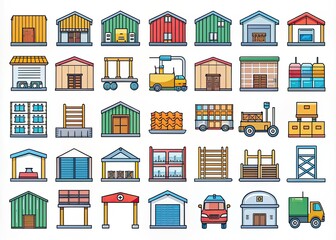 Colorful Warehouse  Set - 100 Thin Line   for Logistics and Storage Solutions