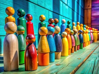 Colorful Wooden Figures Displayed Against a Soft Blue-Green Background in Bright Daylight