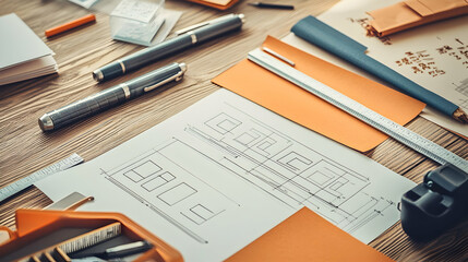 Architect's desk with blueprints, pens, and tools.