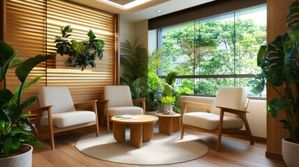 Create a calming therapy room with natural decor for mental health