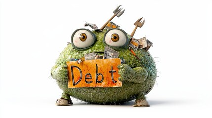 A whimsical creature holding a sign that reads 'Debt', symbolizing financial struggles in a humorous and creative way.