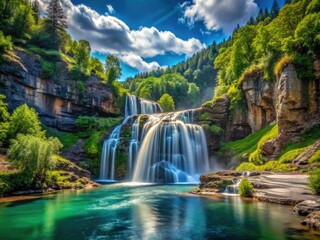 Fototapeta premium Enchanting long exposure waterfalls cascade through majestic mountains, showcasing serene landscapes adorned with vibrant greenery and crystal-clear waters in a breathtaking natural setting.