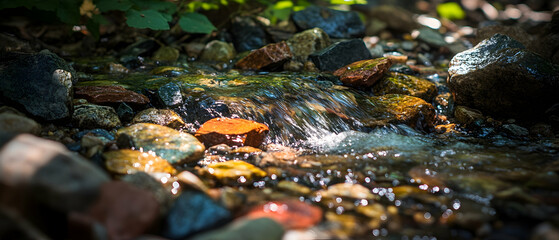 Close up of a small stream flowing over colorful rocks.