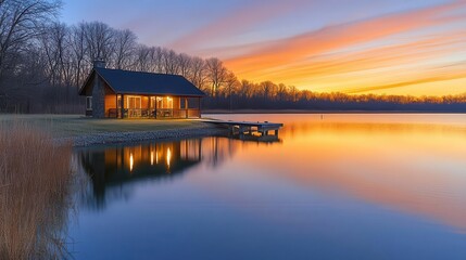 Obraz premium A serene lakeside cabin bathed in sunset colors, reflecting on calm waters, surrounded by trees and nature.