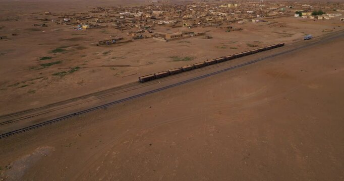 Train Wagons Parked At The Desert Town Choum In Mauritania - Drone Shot