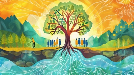 Multiracial educators incorporating indigenous knowledge into contemporary education systems to promote sustainability. Illustrations