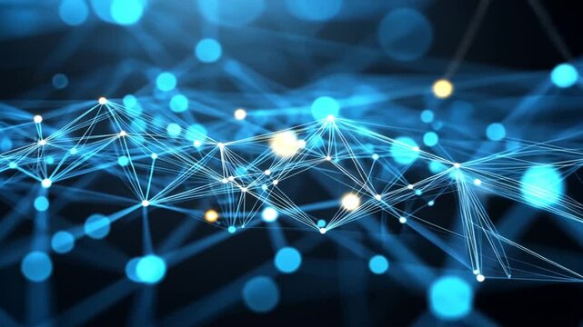 Abstract blue and yellow lights in a network of connected lines. Animation looping video background. Generated with AI