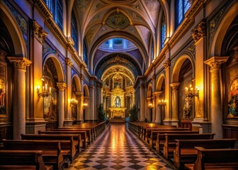 Fototapeta premium Enchanting Nighttime Interior of the Church of St. Mary with Altar and Corridor of the Parish of the Good Jesus of Sorrows
