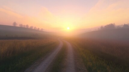 Winding Farm Road through Foggy Landscape - fields, meadow, sun during sunrise 