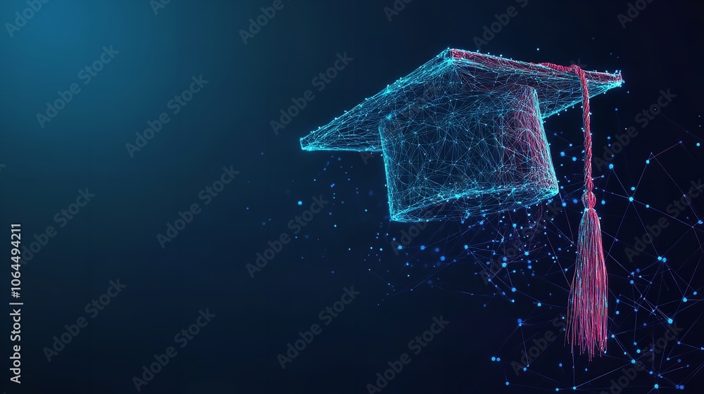 Fototapete abstract low poly wireframe of digital modern education concept with graduation hat on blue backgrou