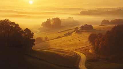 Winding Farm Road through Foggy Landscape - fields, meadow, sun during sunrise 