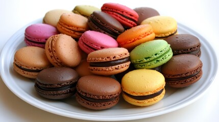 Fototapeta premium A delightful array of colorful macarons artfully arranged on a pristine white plate, showcasing their delicate texture and enticing flavors, perfect for a sweet indulgence.