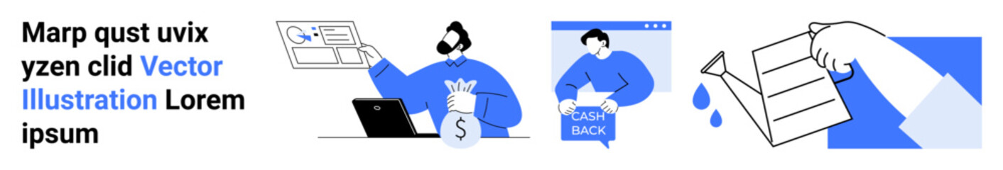 Men using laptop and analyzing graphs, person receiving cashback, hand holding document with watermark. Ideal for financial services, business management, online banking, cashback promotions