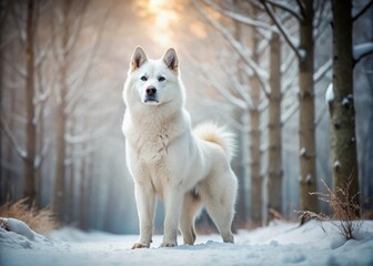 Obraz premium Frozen tableau, Akita in focus, winter's grace.