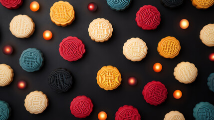 A colorful assortment of decorative cookies arranged on a dark background, illuminated by soft ambient lights, creating a delightful and festive atmosphere.