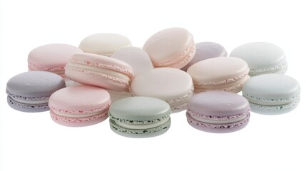 Obraz premium A beautifully arranged selection of delicate macarons in various pastel colors, displayed against a clean white background, highlighting their exquisite details and inviting sweetness 
