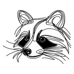 Beautiful closeup portrait of raccoon one continuous line vector illustration isolated on white background