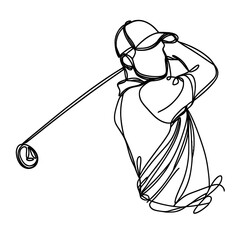 Close-up of a golfer in the middle of a swing one continuous line vector illustration isolated on white background