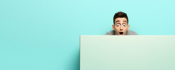 Surprised man peeking over a blank surface, showcasing a playful expression against a vibrant blue background.
