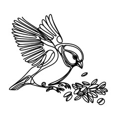 Fototapeta premium Beautiful of sparrow pecks at the seeds one continuous line vector illustration isolated on white background
