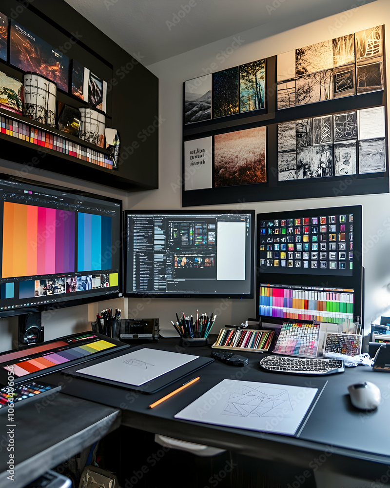 Poster modern workspace with three computer monitors, a desk with drawing tools and a wall with artwork.