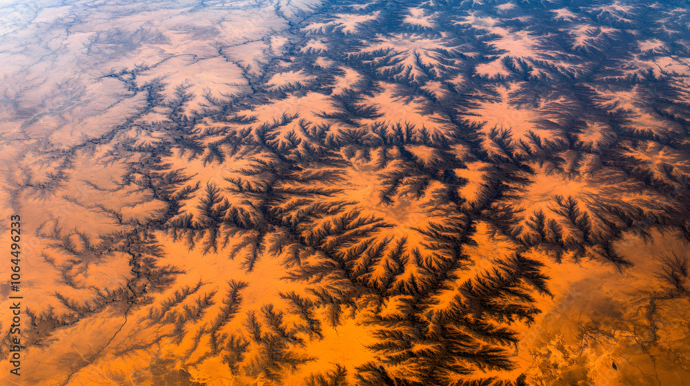 Poster an aerial view of intricate patterns in sand, showcasing vibrant orange and dark textures resembling
