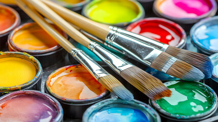 Obraz premium Paintbrushes and colorful watercolor paints in containers.