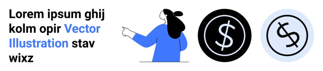 Person in blue sweater pointing right towards dollar and currency icons, accompanied by placeholder text above. Ideal for finance, economics, business strategies, investments, financial education