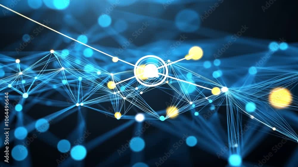 Poster abstract blue network with glowing dots on a dark background. animation looping video background. ge