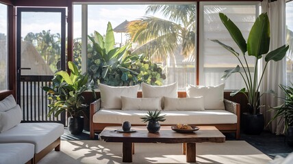 Obraz premium Tropical Modern living room with white sofa and wooden coffee table, surrounded by large windows with tropical views.