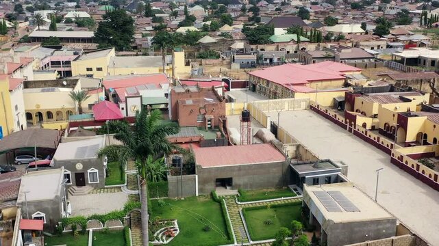 The Zazzau or Zaria Emirate Palace neighborhood and compound in Zaria, Kaduna State, Nigeria - aerial parallax
