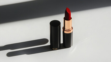 vibrant red lipstick stands elegantly on white surface, showcasing its sleek black and gold packaging. soft shadows add depth, enhancing allure of this beauty product