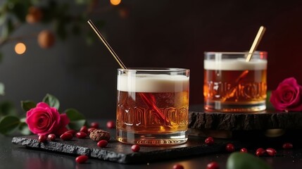 Charming Product Photography of Two Beer Glasses with Straws and Roses on Black Background
