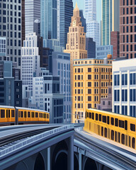 Two yellow trains run on tracks above a city.