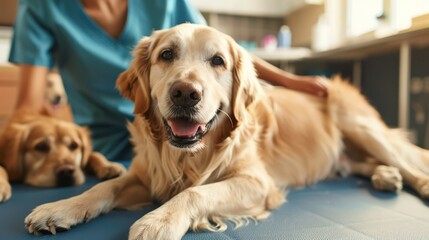 Pet rehabilitation specialists providing therapy to injured pets for faster recovery. Illustrations