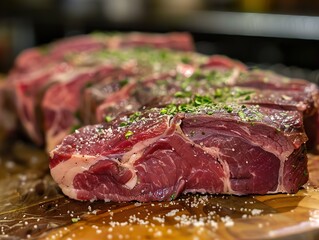Obraz premium Close Up of Raw Beef Steak Ready for Grilling