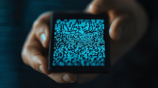 A closeup of a hand scanning a QR code on a futuristic device, blue holographic data floating above it, cyberpunk style