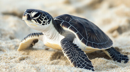 Fototapeta premium young Australian green turtle crawls across sandy beach, showcasing its unique shell patterns and vibrant colors. This moment captures beauty of marine life and importance of conservation efforts