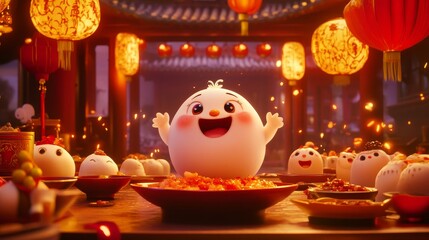 Obraz premium A whimsical cartoon dumpling character playfully set against a backdrop of intricate Chinese ornaments, radiating cultural charm and fun. 