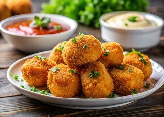 Fototapeta premium Enjoy the crispy texture and flavorful filling of homemade Spanish croquettes. These gourmet snacks and appetizers are a culinary delight, perfect for macro photography and comfort food lovers.
