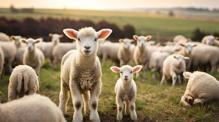 Fototapeta premium White lamb in field in front of other animals.generative.ai 